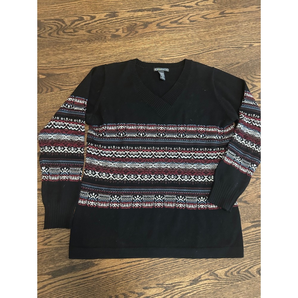 EX OFFICIO Black Geometric Pattern V Neck Long Sleeve‎ Sweater Womens XL